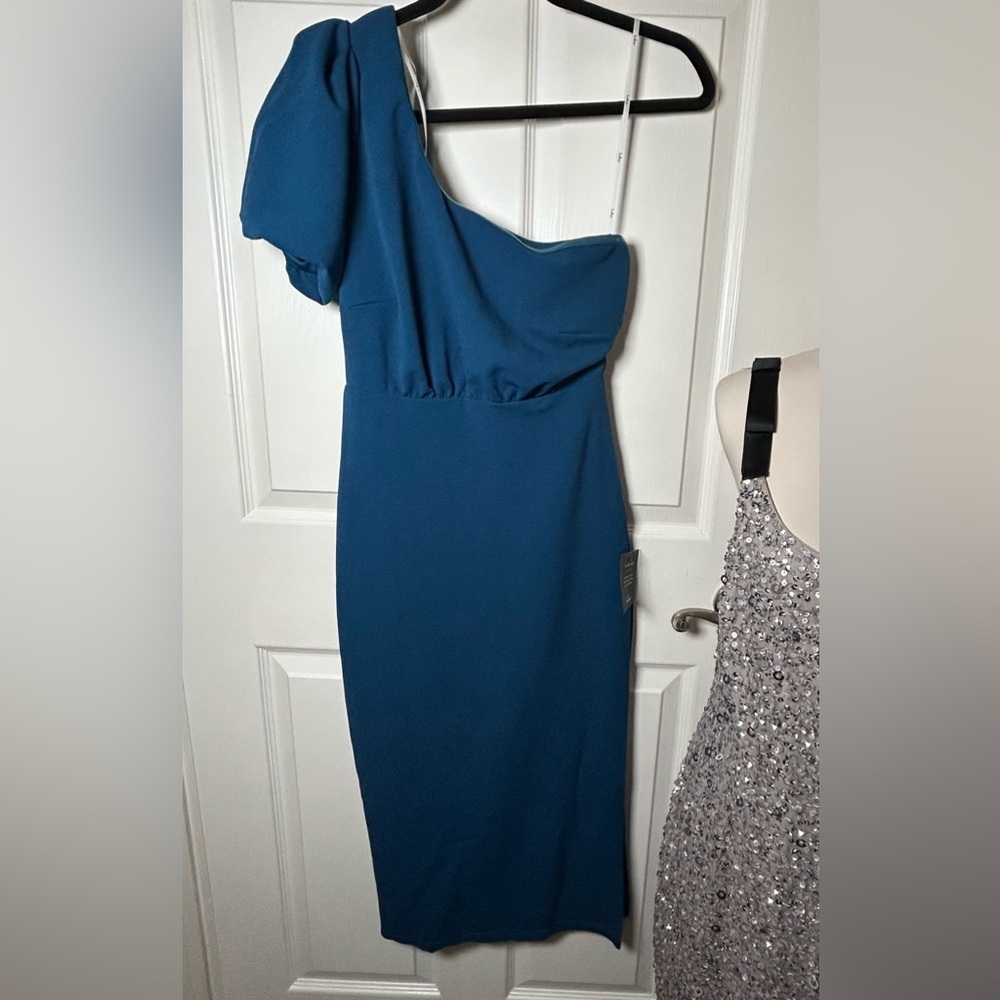 Lulus Ultimate Poise Teal Blue One-Shoulder Midi Dress Size XS NEW NWT - Picture 7 of 9
